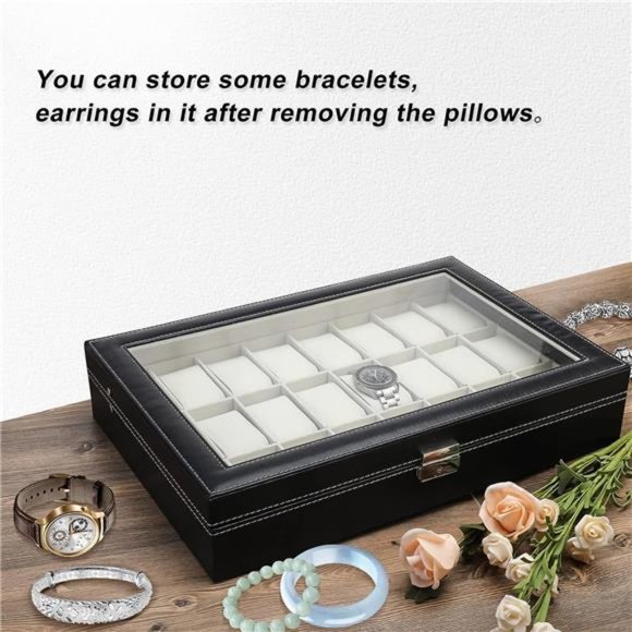 24 Slot Black Leather Watch Box ,Metal Buckle Watch Storage w/ Removable Pillow - Picture 3 of 6